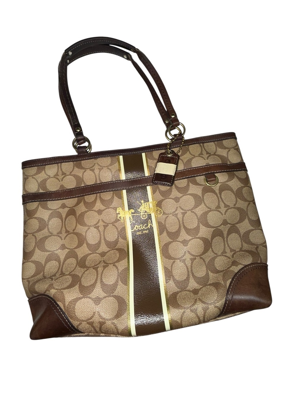 Vintage 2008 Coach 12358 Signature Stripe Tote Brown Tan Y2K Bag